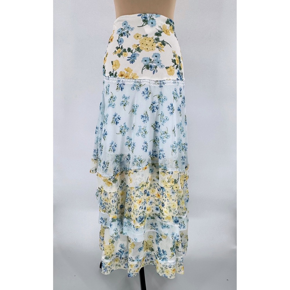Altar'd State Belci D112 Blue Yellow Floral Tiered Ruffle Maxi Skirt Size M NWT - Picture 3 of 16
